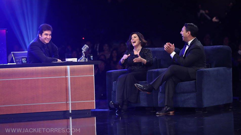 Two television hosts interviewing actress Jackie Torres